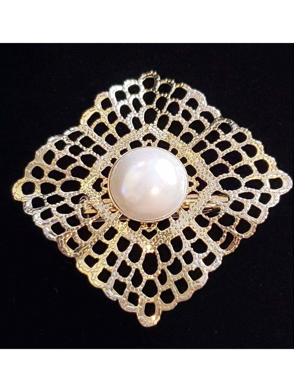 Abstract Flower Brooch, Vintage Faux Pearl Pin, Large Gold Tone Open-Work go-87